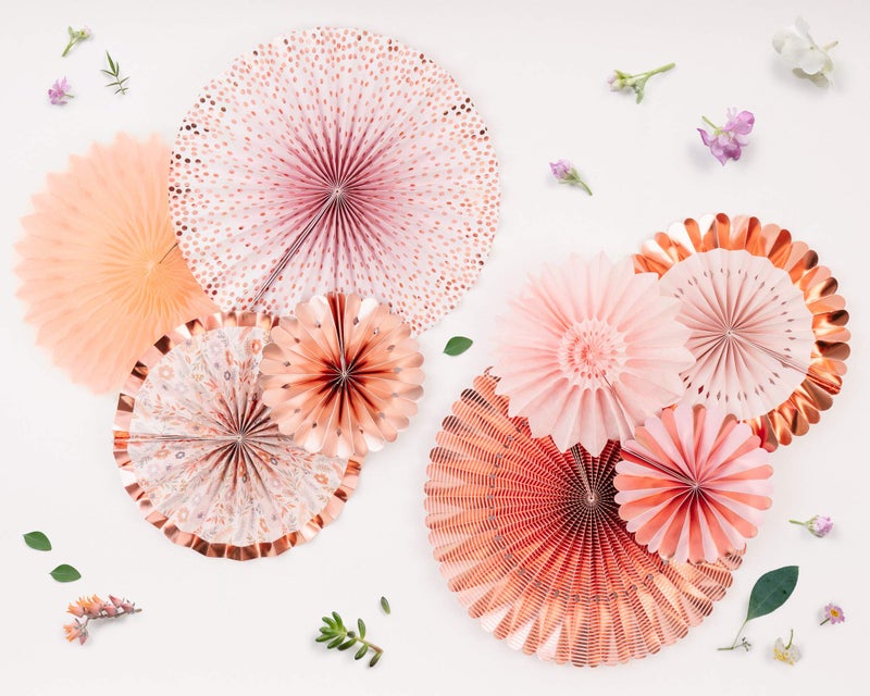 PapaKit Origami Wall Decoration Set (8 Assorted Round Paper Fans) Birthday Party Baby Shower Wedding Events Decor | Creative Art Design Pattern (Lustrous Pink Coral with Metallic Rose Gold) - Image 4